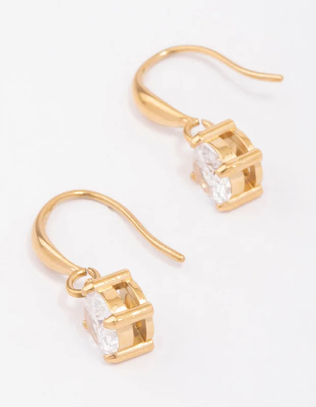 Sterling Silver Earrings-Waterproof Gold Plated Stainless Steel Cubic Zirconia Solitaire French Hook Earrings