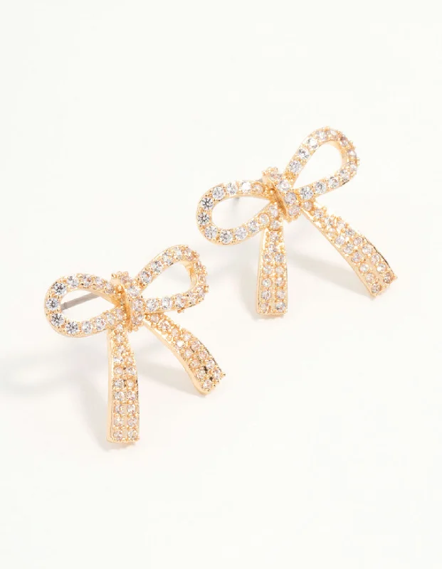 Elegant Stud Earrings-Gold Cubic Zirconia Bow Stud Earrings