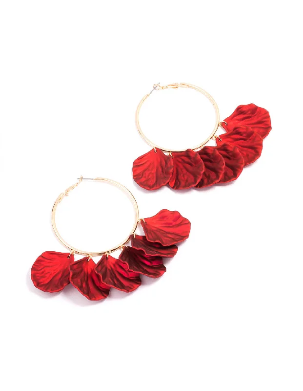 Double Drop Earrings-Red Iridescent Petal Hoop Earrings