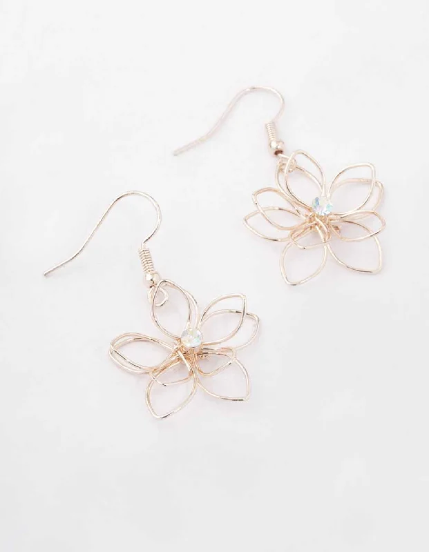 Elegant Drop Stud Earrings-Rose Gold Diamante Wire Flower Drop Earrings