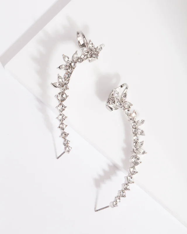 Hoop Earrings for Women-Silver Double Diamante Cuff Earrings