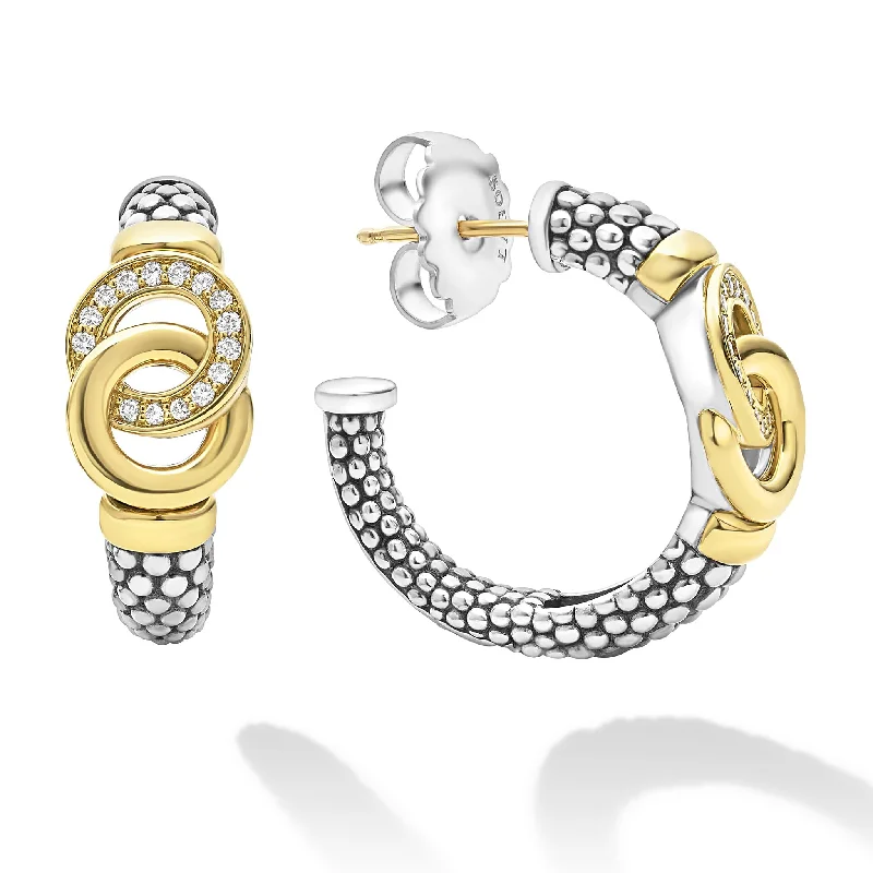 Statement Earrings for Weddings-Signature Caviar Two-Tone Interlocking Diamond Hoop Earrings