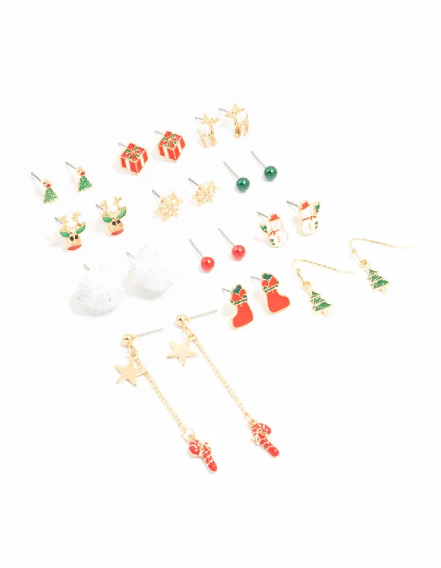 Embellished Earrings-Candy Cane & Reindeer Mixed Stud Earrings 12-Pack