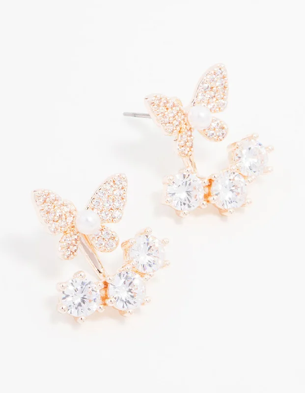 Vintage Style Earrings-Rose Gold Plated Cubic Zirconia Butterfly Jacket Earrings