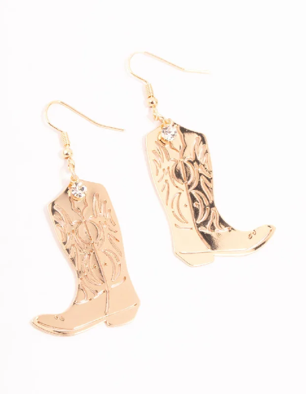 Swarovski Crystal Earrings-Gold Cowboy Boot Drop Earrings