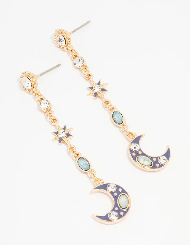 Colorful Crystal Earrings-Gold Celestial Drop Earrings