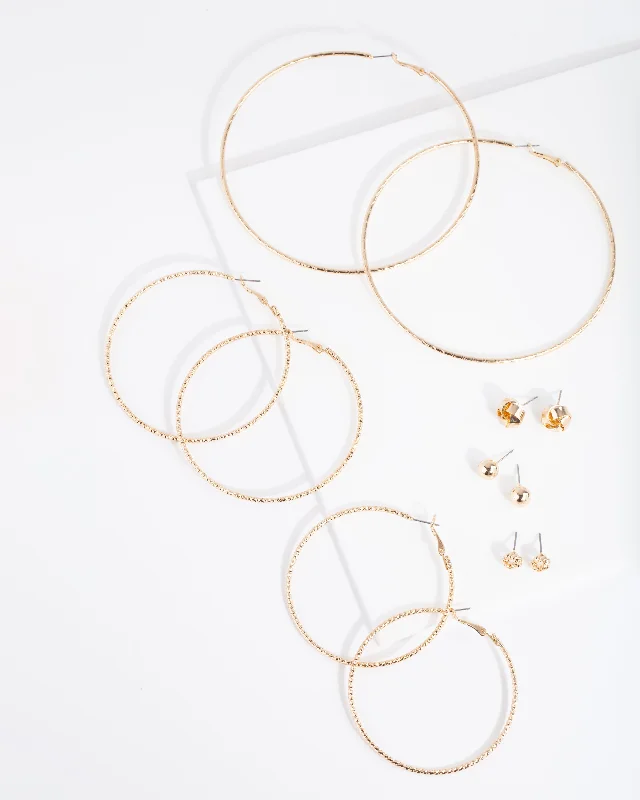 Embellished Drop Earrings-Gold Ball Knot Stud & Hoop 6-Pack