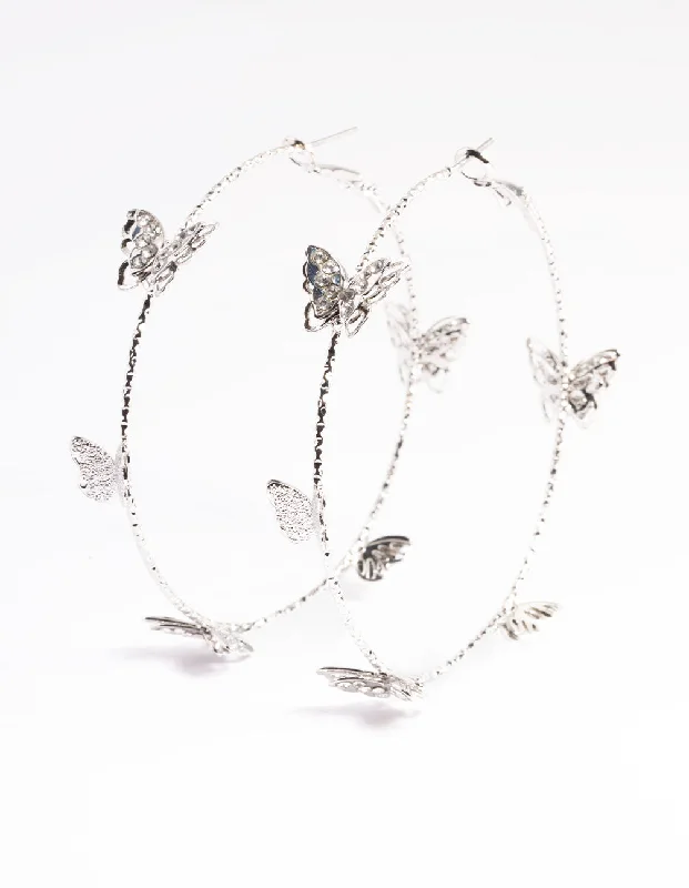 Funky Statement Earrings-Silver Butterfly Hoop Earrings