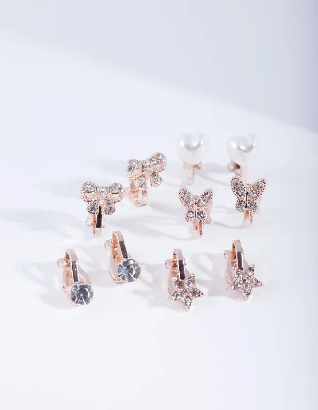 Bohemian Earrings-Kids Rose Gold Diamante Star Butterfly Heart & Bow Clip On Earring 5-Pack