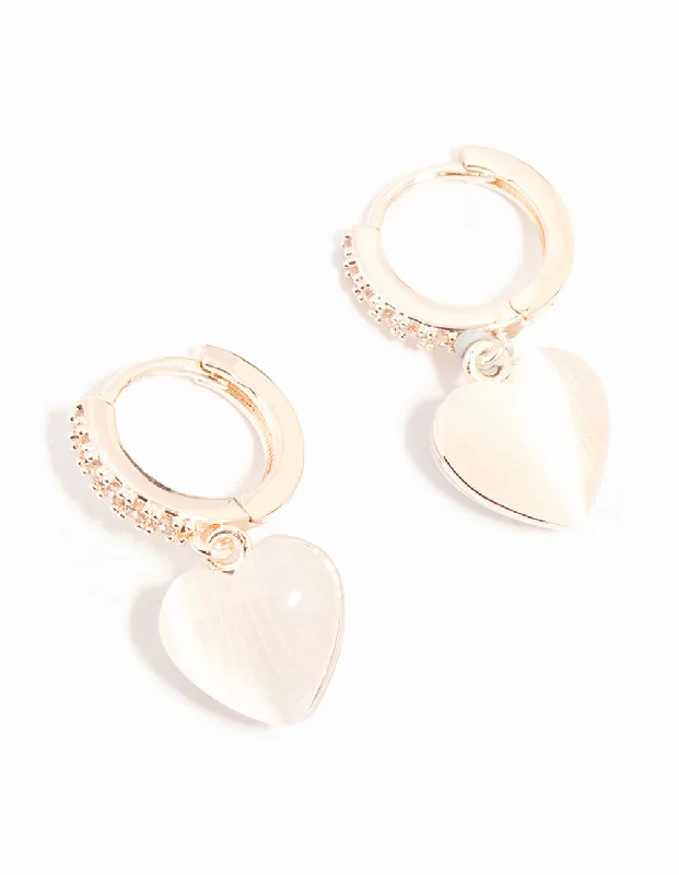 Statement Earrings for Weddings-Rose Gold Plated Heart Drop Pave Set Diamante Hoop Earrings