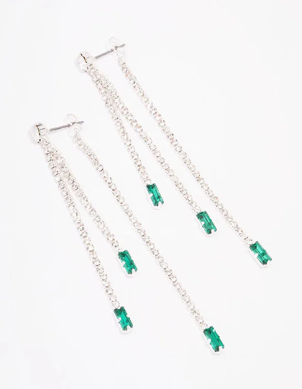 Classic Silver Earrings-Silver Triple Row Emerald Cupchain Drop Earrings