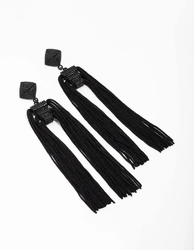 Fashionable Clip-On Earrings-Black Fabric Rope Tassel Drop Earrings