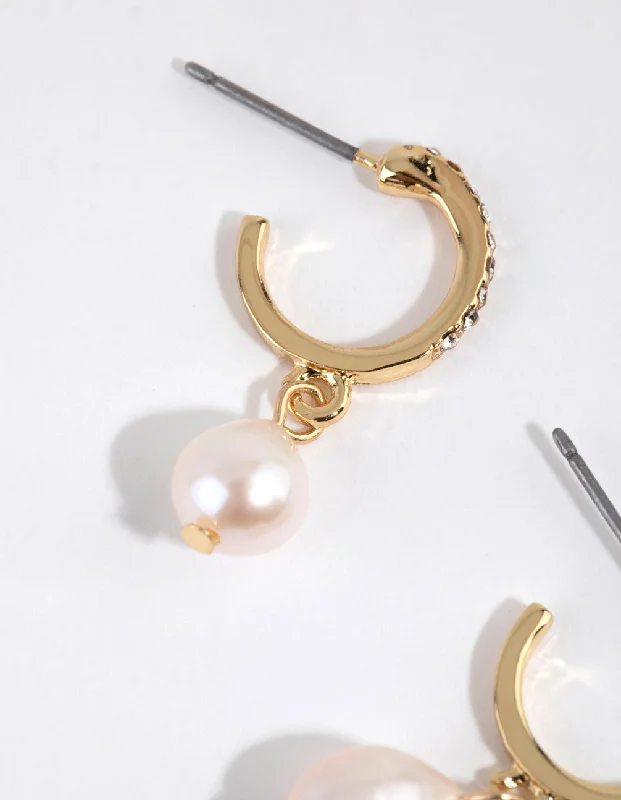 Vintage Style Earrings-Gold Plated Diamante & Freshwater Pearl Huggie Earrings