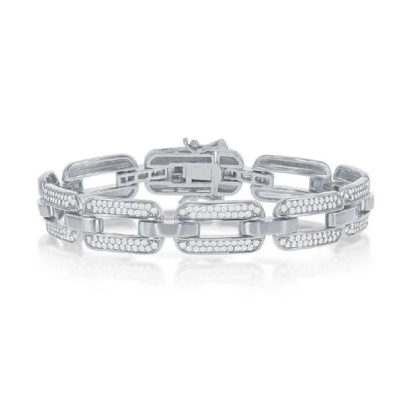 Fashionable Stackable Bracelets-Sterling Silver Wide CZ Linked Bracelet