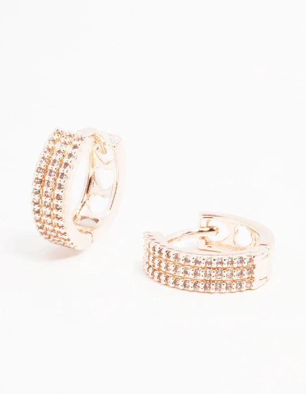 Silver Plated Earrings-Rose Gold Plated Trio Pave Hoop Earrings