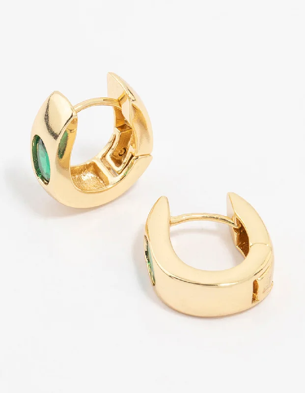 Double Drop Earrings-Gold Plated Cubic Zirconia Emerald Oval Classic Hoop Earrings