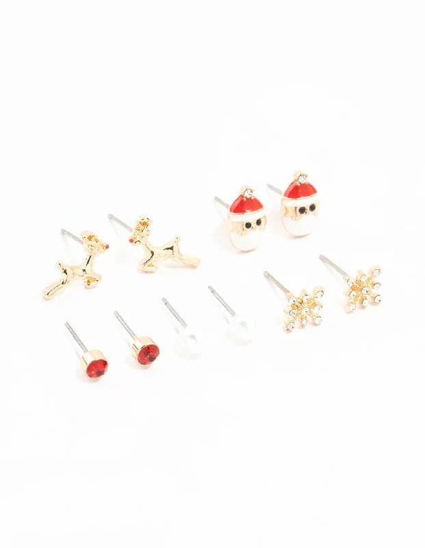 Elegant Ear Cuffs-Snowflake, Pearl & Santa Earrings 5-Pack