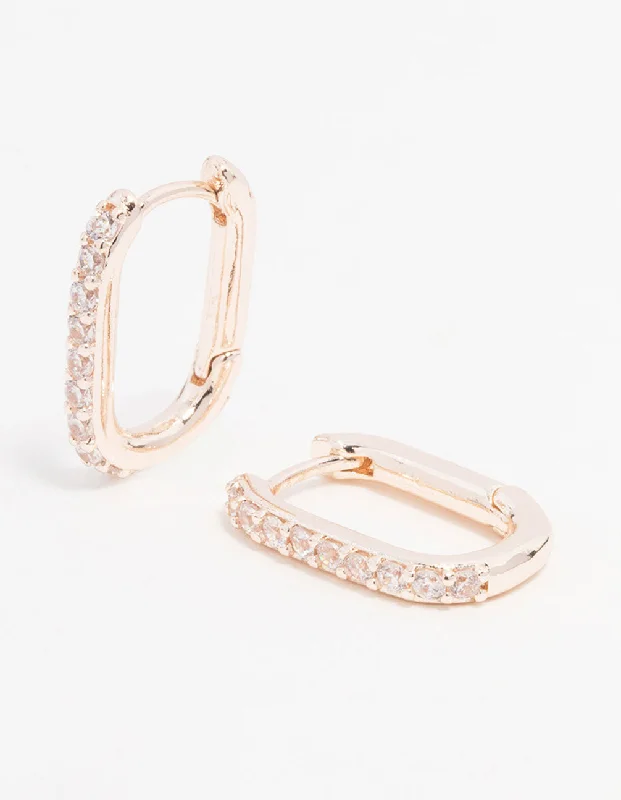 Crystal Hoop Earrings-Rose Gold Plated Cubic Zirconia Pave Oval Hoop Earrings