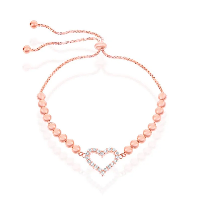 Elegant Beaded Bracelet-Sterling Silver CZ Heart Beaded Adjustable Bolo Bracelet - Rose Gold Plated