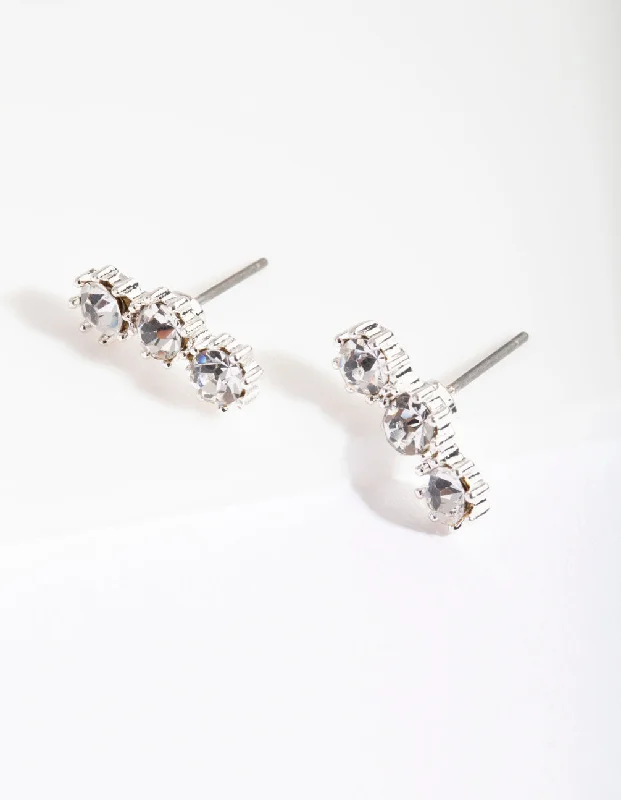 Fancy Drop Earrings-Silver 3 Crystal Crawler Stud Earrings