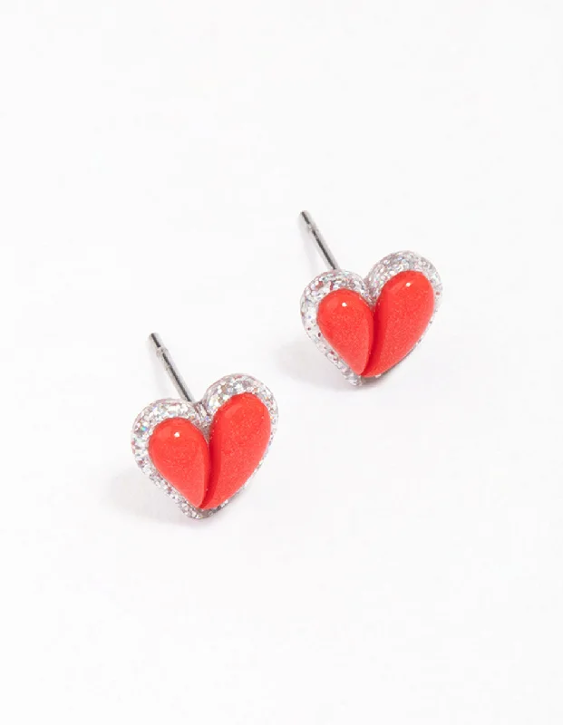 Fun Statement Earrings-Red Puffy Heart Glitter Stud Earrings