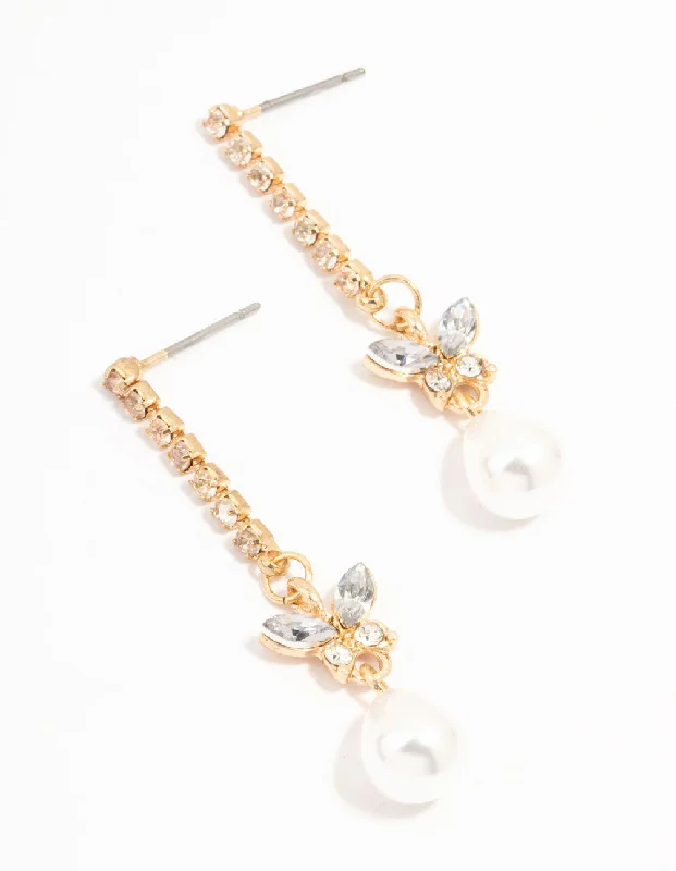 Long Dangle Hoop Earrings-Gold Cup Chain Diamante Butterfly & Pearl Drop Earrings