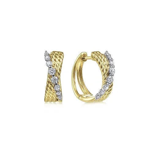 Fun Statement Earrings-14K Yellow-White Gold Twisted 15mm Diamond Huggie Earrings