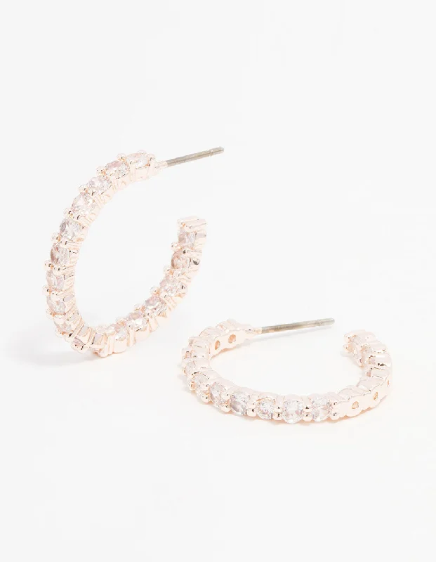 Gothic Style Earrings-Rose Gold Plated Cubic Zirconia Medium Round Stone Hoop Earrings