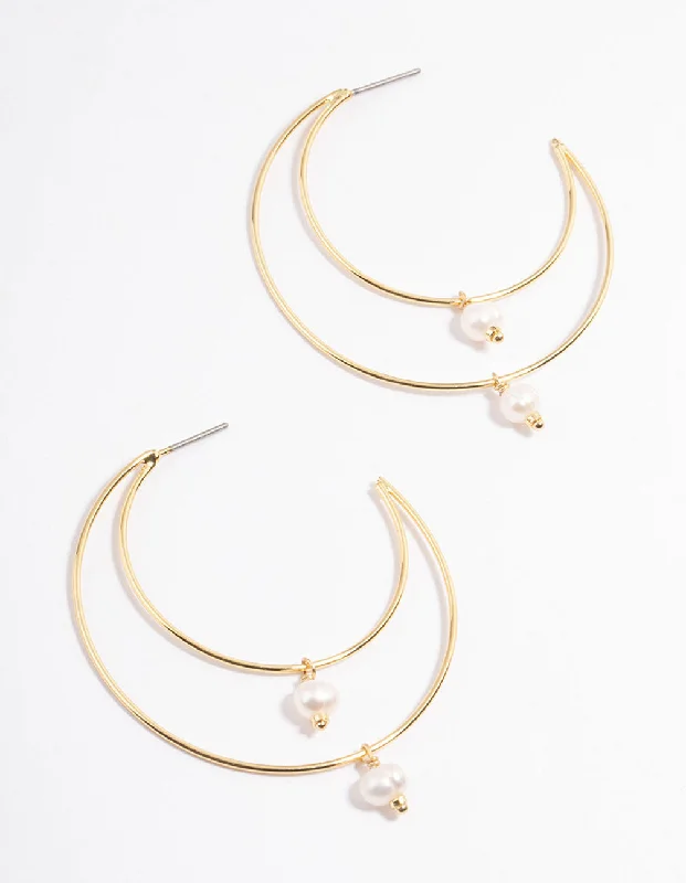 Butterfly Wing Earrings-Gold Plated Double Layer Freshwater Pearl Drop Hoop Earrings