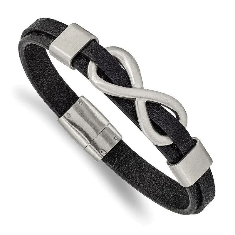 Adjustable Leather Bracelet-Stainless Steel Brushed Infinity Symbol Black Leather 8in Bracelet