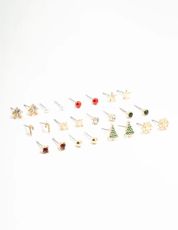 Casual Hoop Earrings-Christmas Tree & Candy Cane Stud Earrings 12-Pack