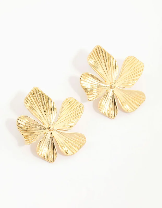 Pearl Hoop Earrings-Gold Plated Textured Flower Studs