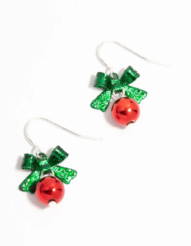 Butterfly Wing Earrings-Green Bow & Red Bell Drop Earrings