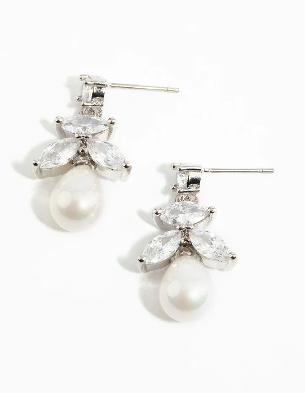 Chunky Gold Earrings-Silver Cubic Zirconia Leaf & Pearl Drop Earrings