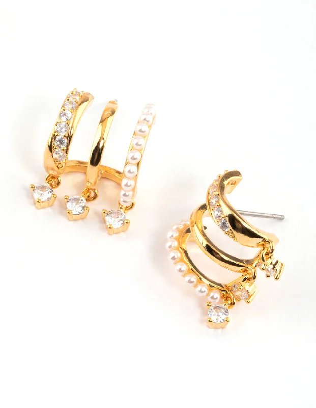 Retro Earrings-Gold Plated Trio Pearl Diamante Drop Earrings