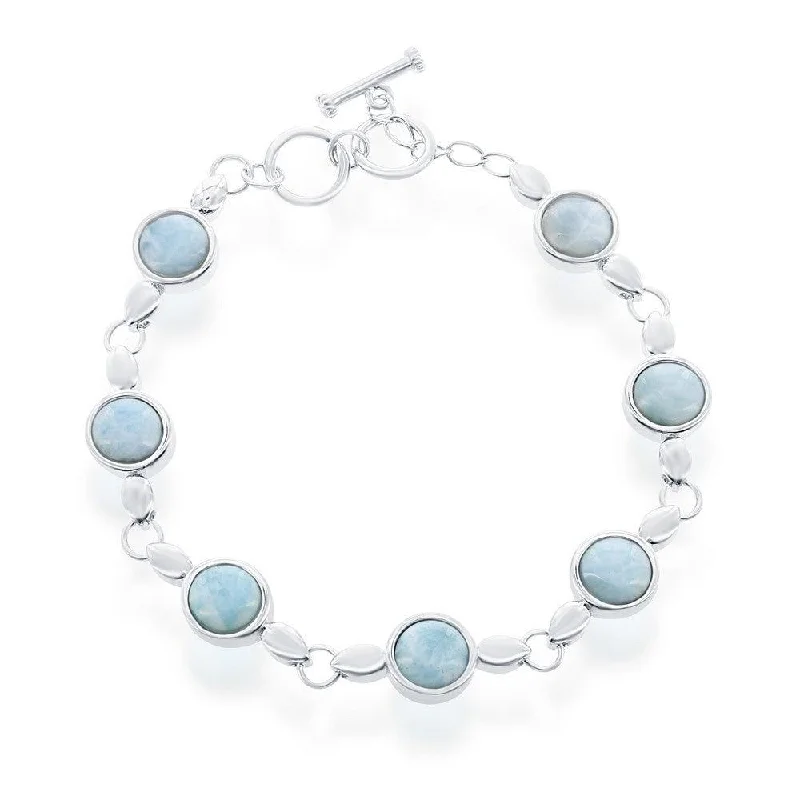 Heart-Shaped Bracelet-Sterling Silver Round Bezel-Set Larimar Linked Toggle Bracelet