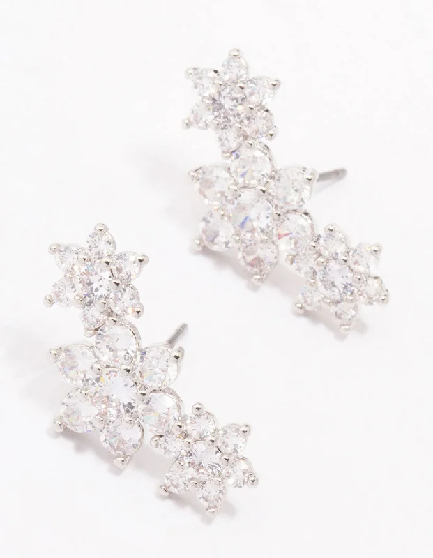 Cool Cuff Earrings-Silver Cubic Zirconia Flower Stud Earrings