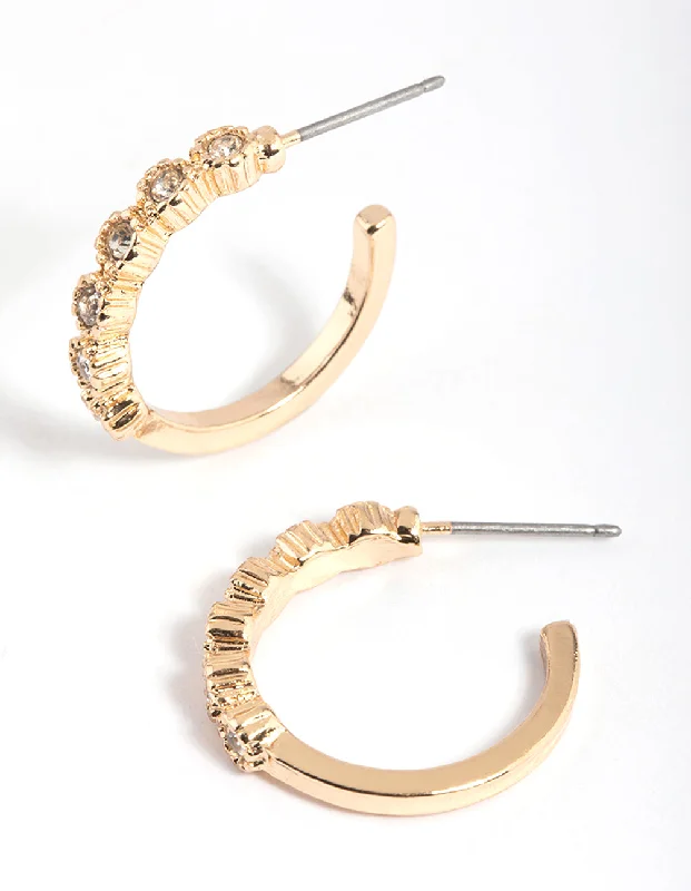 Fashionable Dangle Earrings-Gold Diamante Huggie Hoop Earrings