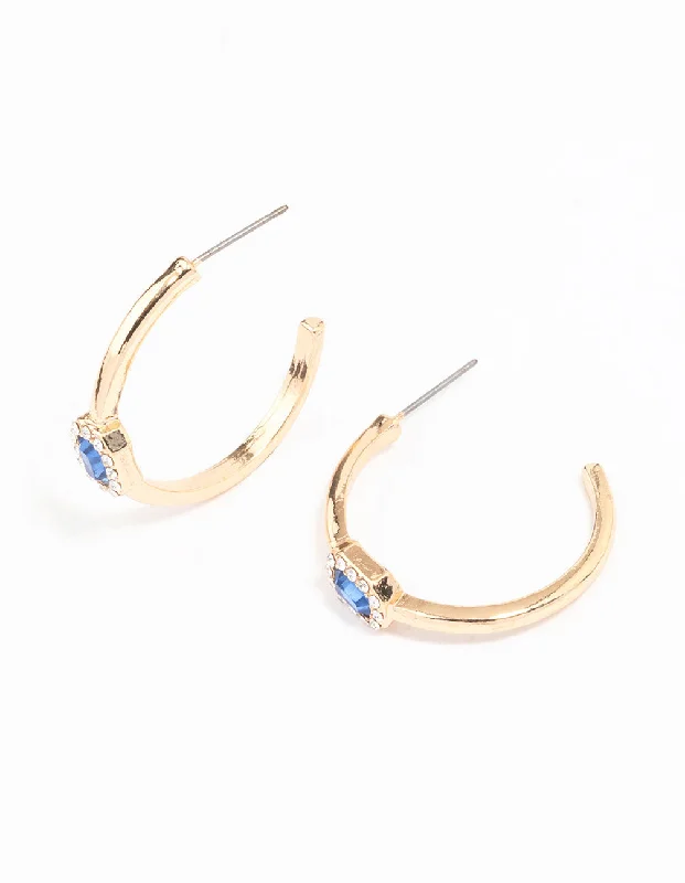 Natural Stone Earrings-Gold Oval Halo Diamante Hoop Earrings