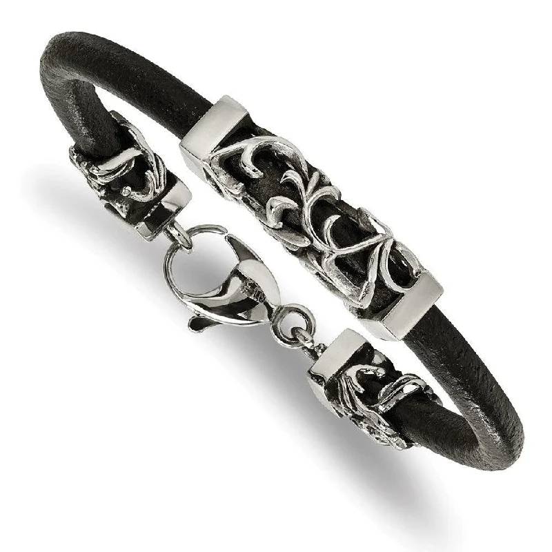 Friendship Bracelet for Girls-Stainless Steel Polished Antiqued Filigree Black Leather Cord Bracelet