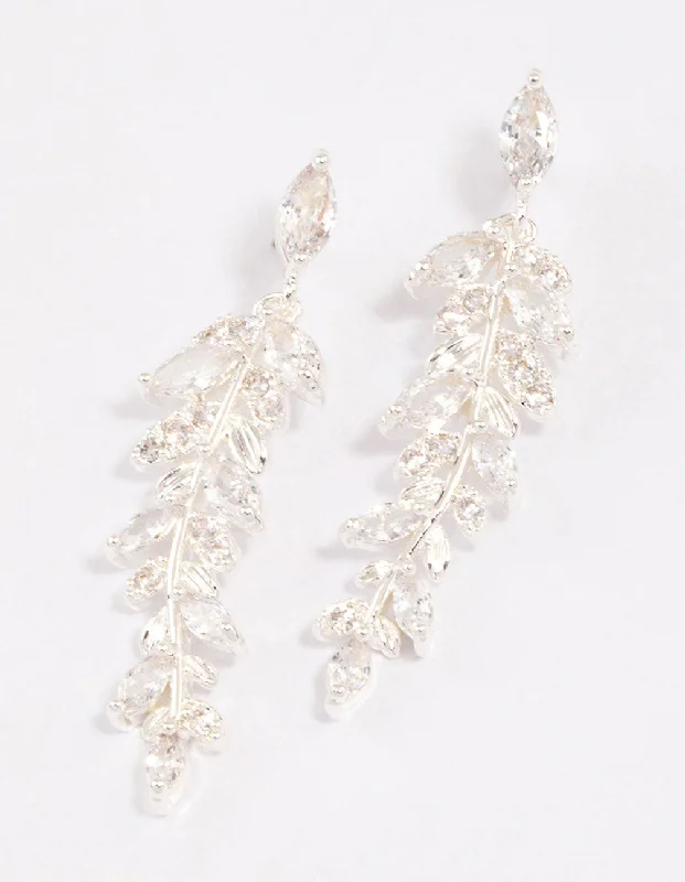 Small Hoop Earrings-Silver Plated Cubic Zirconia Dainty Leaf Drop Earrings