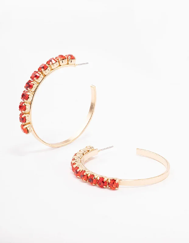 Personalized Name Earrings-Gold Round Red Diamante Medium Hoop Earrings