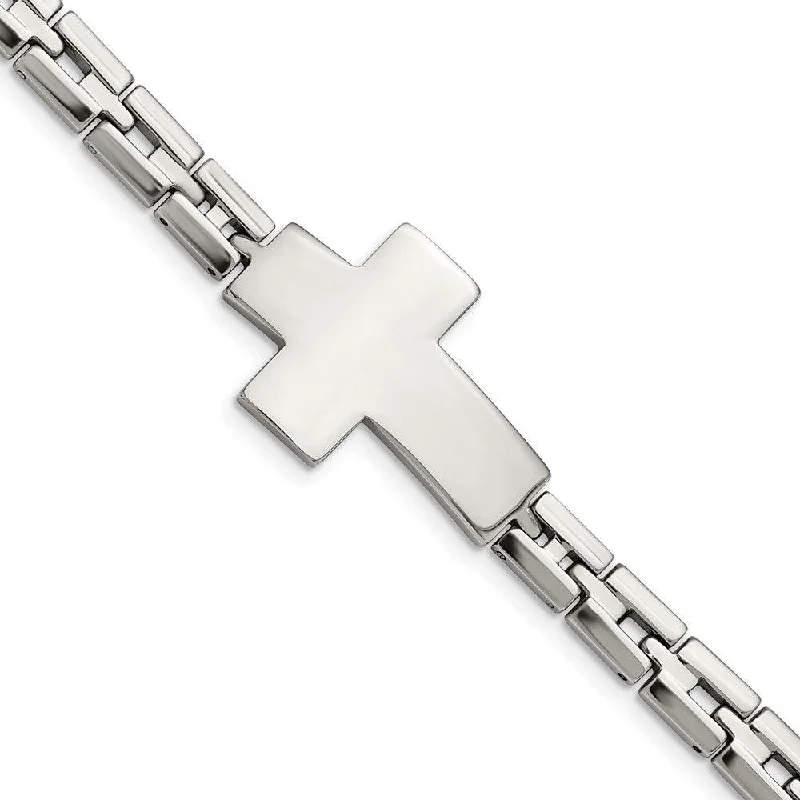 Simple Silver Bracelet-Stainless Steel Polished Cross 8in Link Bracelet