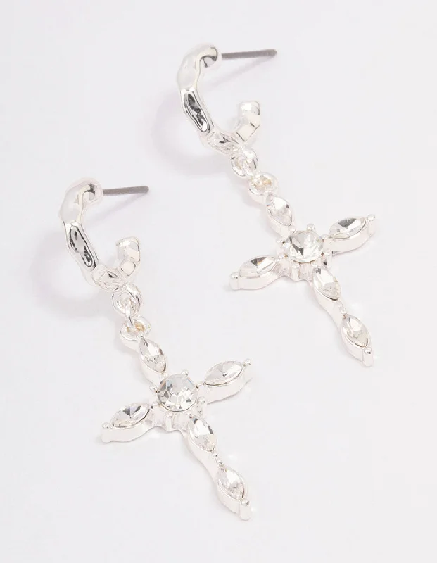 Stud Earrings for Teens-Silver Diamante Cross Huggie Earrings