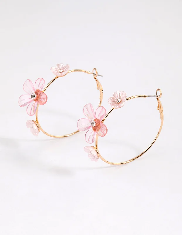 Fashion Pearl Earrings-Pink Pretty Triple Flower Hoop Earrings