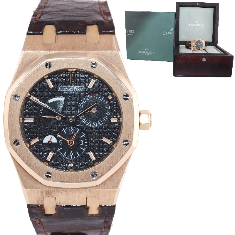 Personalized Leather Watch for Men-Audemars Piguet Royal Oak Dual Time Power Reserve 39mm Black Rose Gold 26120OR