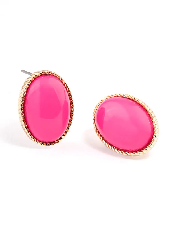 Simple Silver Earrings-Fuchsia Large Oval Ornate Stud Earrings