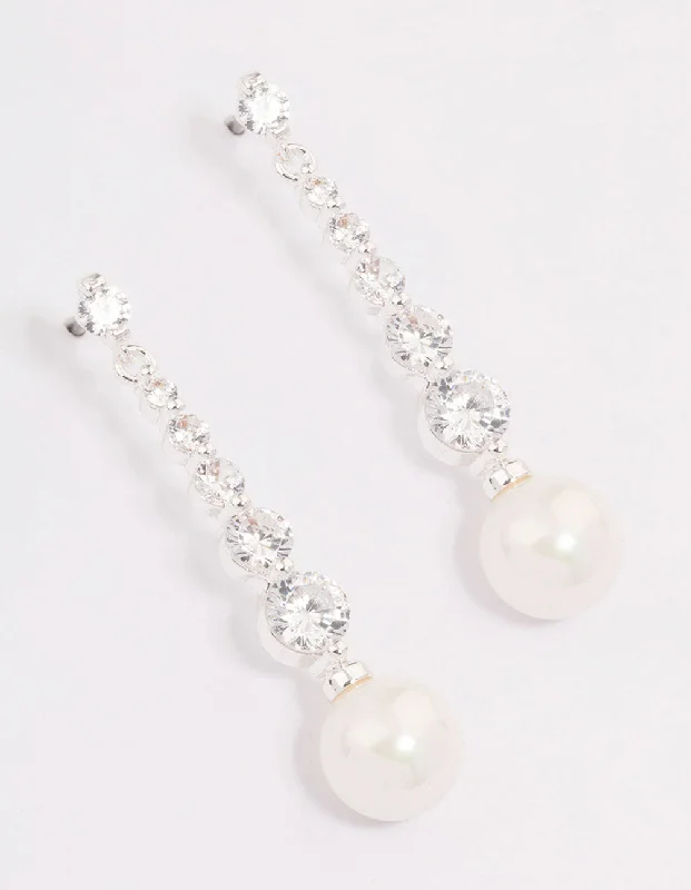 Party Earrings-Silver Cubic Zirconia Pearl Drop Earrings