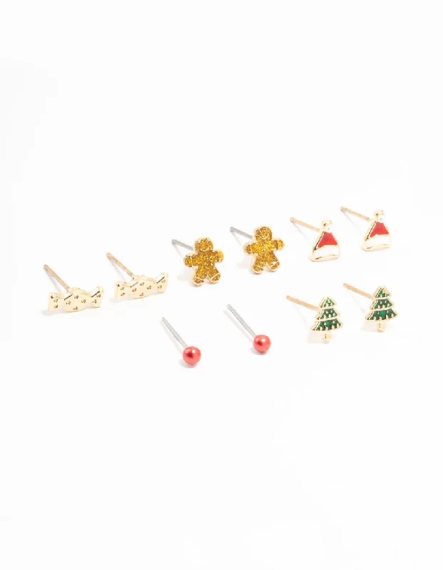 Modern Geometric Earrings-Candy & Tree Small Gold Stud Earrings 5-Pack