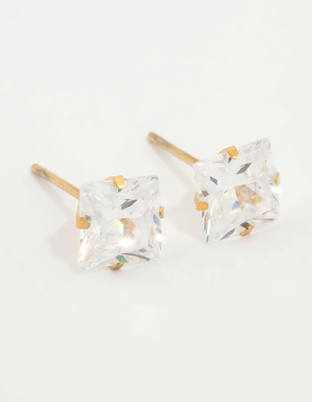 Silver Chain Earrings-Waterproof Gold Plated Stainless Steel Princess Cut Cubic Zirconia Stud Earrings